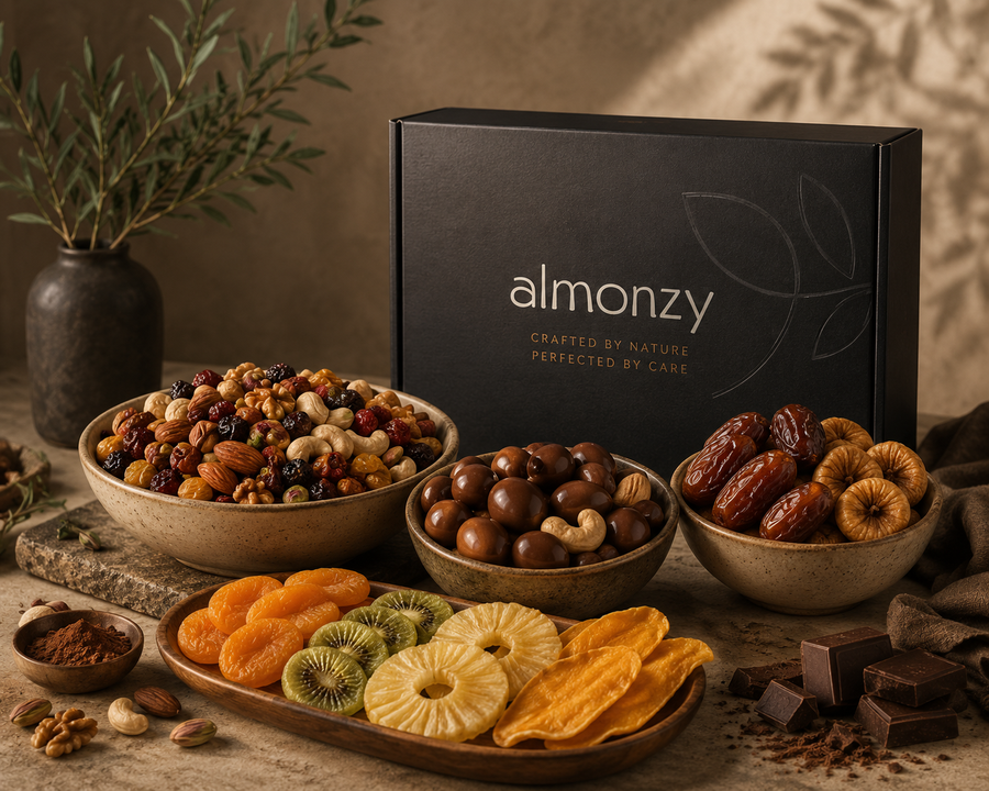 ALMONZY signature gift box with bowls of mixed nuts, dried fruit and chocolate-covered almonds